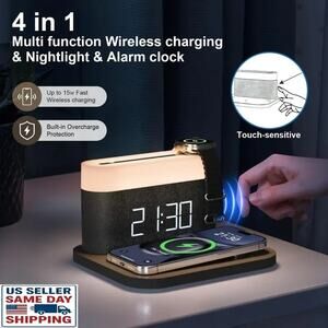 4-in-1 Wireless Charging Station, Alarm Clock, Dimming Touch Lamp 3 Colors Light